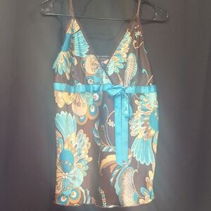 Zenobia Turquoise and Brown Floral Satin-Trim Camisole